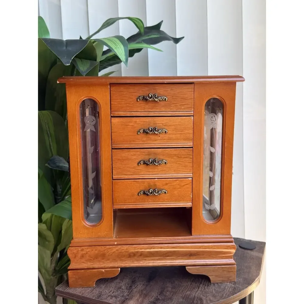 Large Vintage Solid Wood Etched Glass Armoire Style Jewelry Box